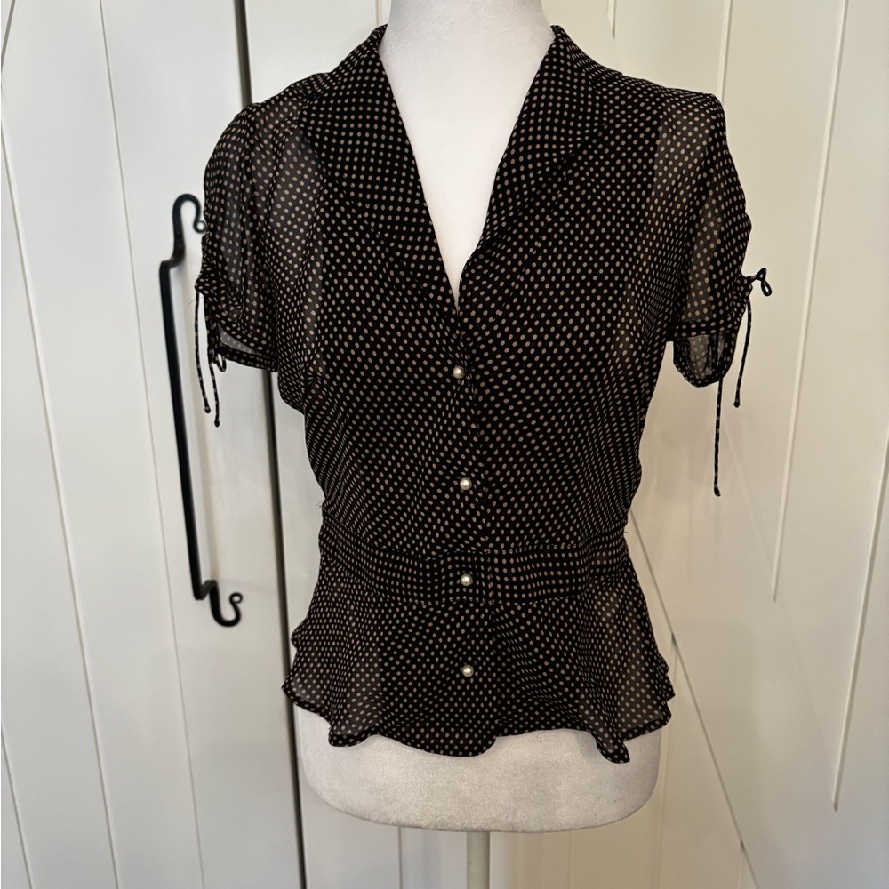 Banana Republic Black Sheer Blouse with White Dots